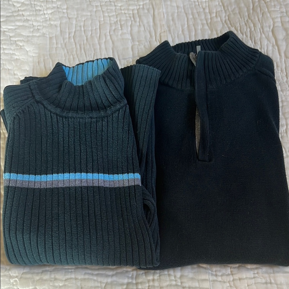 2 Claiborne Blue Sweaters retro Knit Design cotton turtleneck & half zip mens S